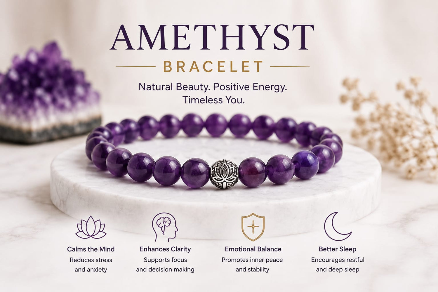 Premium Natural Amethyst Bracelet | Calm, Clarity & Crown Chakra Crystal Jewelry